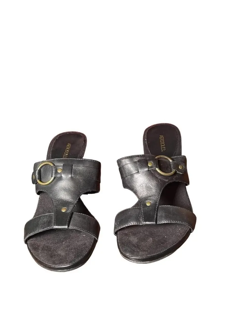 Aerosoles Black Leather Mule Sandals Heeled Slides Size 9.5M